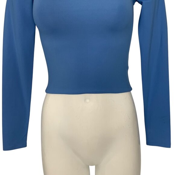 Aritzia Babaton Contour Mockneck Long sleeve Shirt XS Blue Crop Top Fall Fashion - Picture 10 of 12